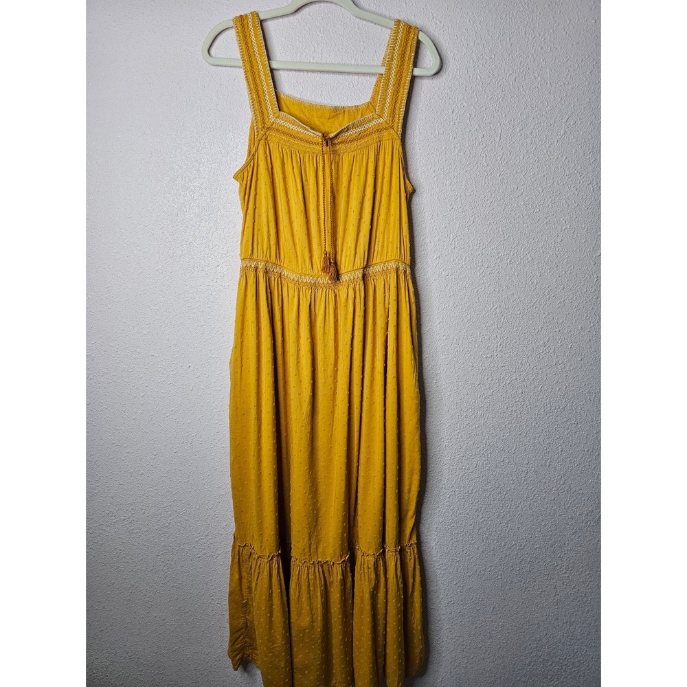 Old Navy Mustard Yellow Clip Dot Embroidered Tassel Maxi Dress Tall Large Autumn